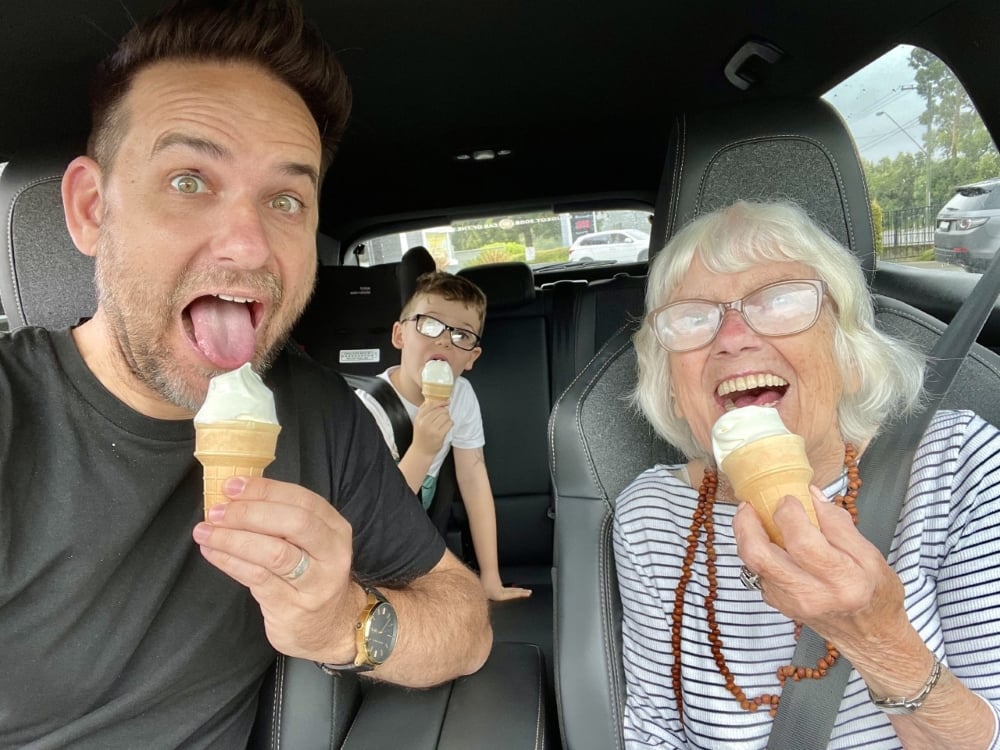 Jason and Oma van Genderen share an ice cream together with family